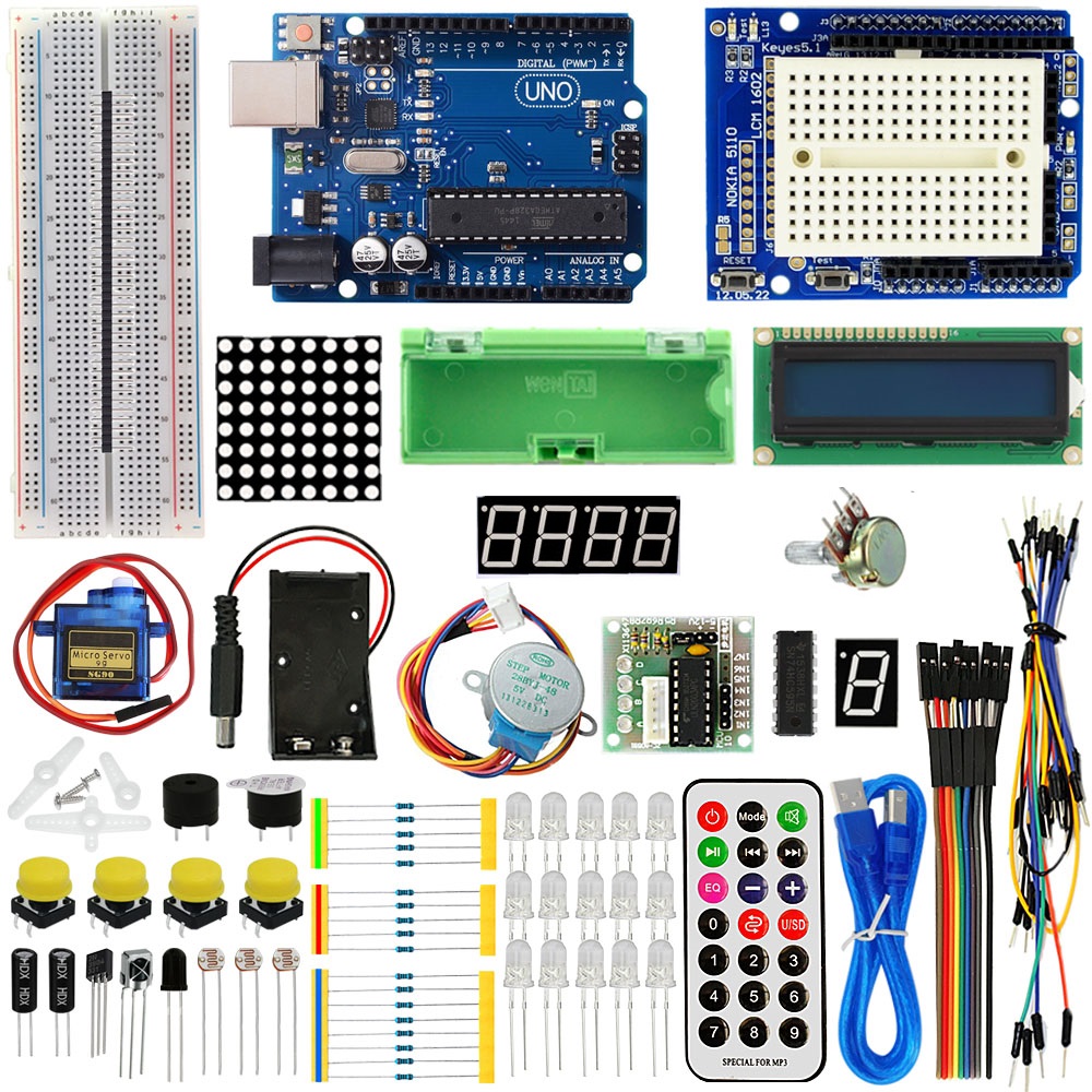 H017 UNO R3 Starter Kit 1602 LCD Servo Motore Dot Matrix Breadboard LED por  Arduino kit02